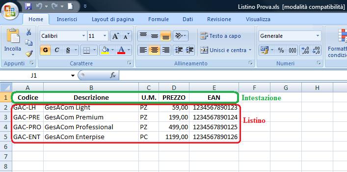 esempio excel